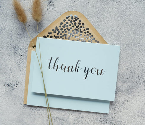 50 Pack 52 4" 6" Thank You Cards - Blank Baby Blue Matte Finish Cards with Silver Foiled "Thank You" Printed
