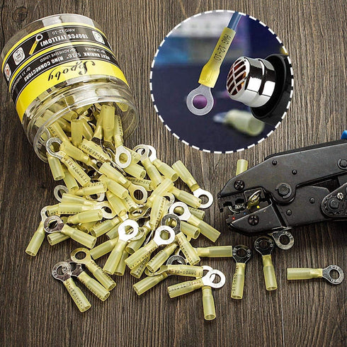 100PCS Heat Shrink Crimp Ring Connectors, 5/16" Yellow, 12-10 AWG, Sopoby Electrical Connectors