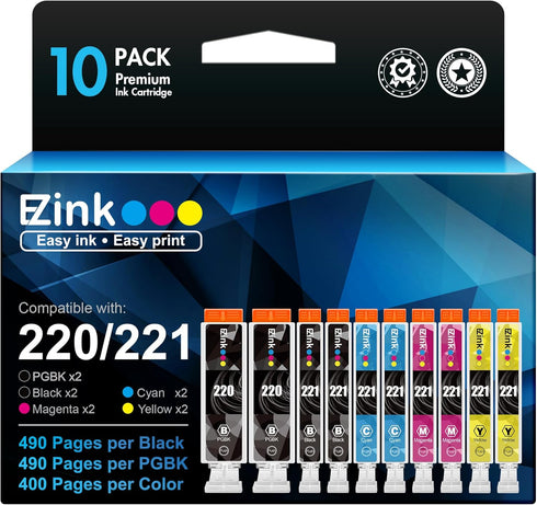 E-Z Ink 10 Pack Compatible Ink Cartridge Replacement for Canon PGI-220 PGI220 CLI-221 CLI221 for PIXMA MX860 MX870