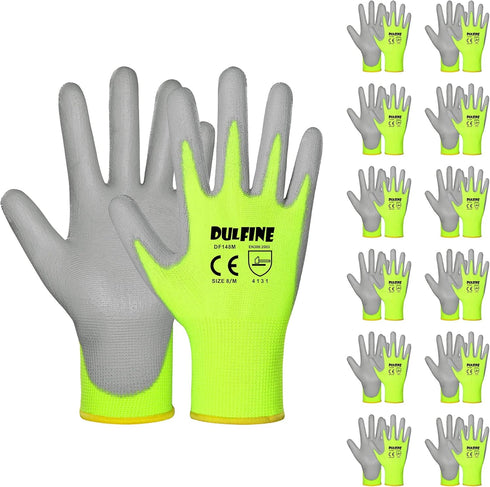 DULFINE Safety Work Gloves for Men, PU Coated 12 Pairs Bulk Pack, Hi-Vis Yellow Knit Glove