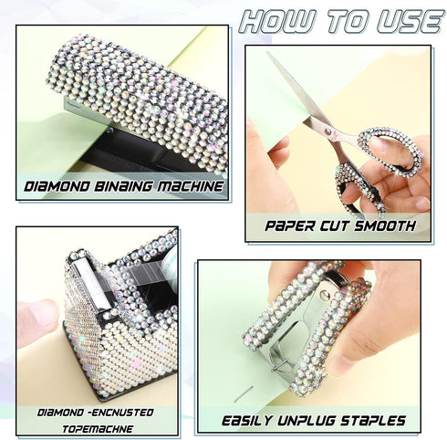 Demissle 6 Pcs Bling Office Desk Accessories Set, Crystal School Stationery Kit with Scissor, Stapler, Tape Dispenser,