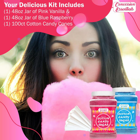 Concession Essentials /3lb 100 Cotton Candy Floss Sugar -Pink Vanilla and Blue Raspberry Jars Each Flavor with Paper