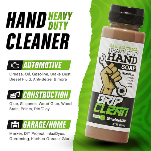 Grip Clean Squeeze Bottle & Brush Combo - Heavy-Duty Degreaser Hand Cleaner & Nail Brush Set for Clean Hands & Nails