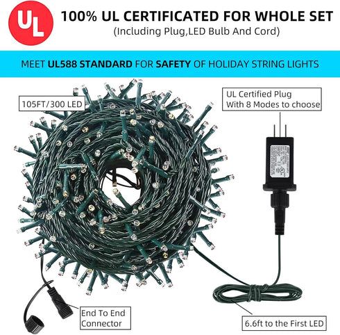 MZD8391 105FT 300LEDs 8 100% (4 Sets Christmas Lights Outdoor Indoor String Lights Modes Memory Function for Christmas