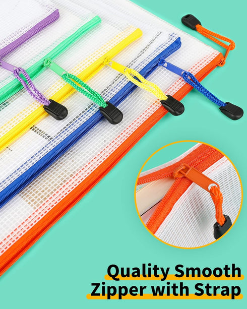 Smarpau Zipper Pouch, 24 Pack, 12 Colors, 13.3" x 9.4", Plastic Waterproof Mesh Bags for Organizing, Travel, Office,