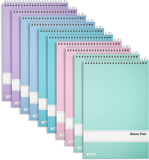 Better Office Products Spiral Steno Pads, 10 Pack, 6 x 9 inches, 80 Sheets, Assorted Pastel Color Covers, White Paper