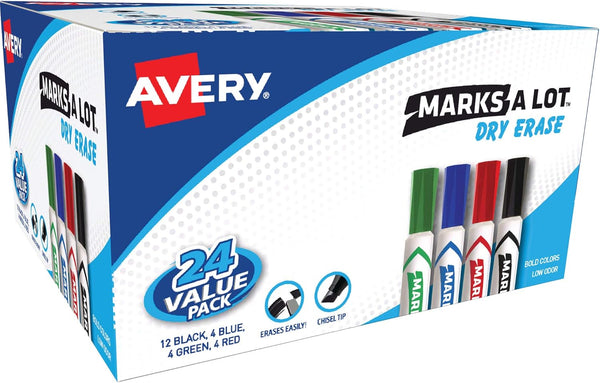 Avery Marks A Lot Value Pack Dry Erase Markers - White Board Markers with Chisel Tip, 24 Assorted Colors