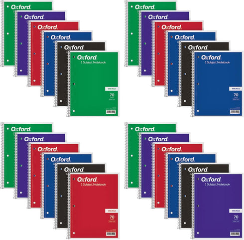 Oxford Spiral Notebooks, 1 Subject, Wide Ruled, 70 Sheets, 24 per Pack, Colors Vary