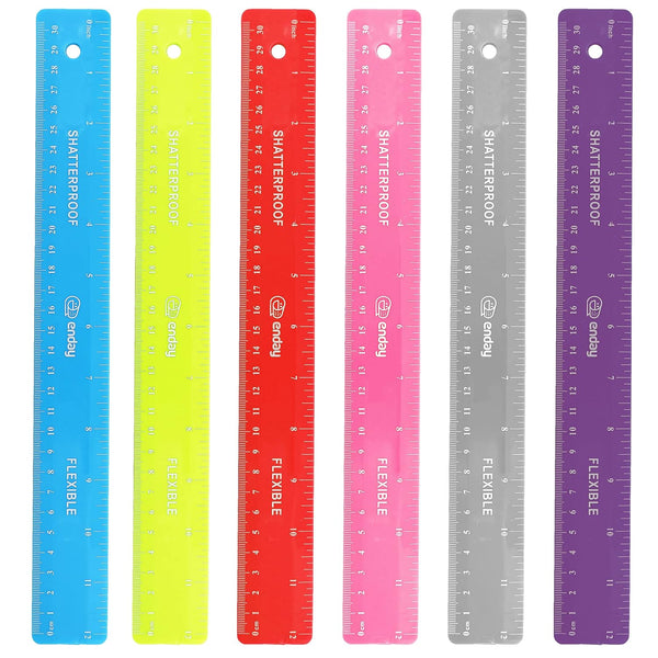 Emraw 12 inches (30 cm) Shatterproof Flexible Rulers, Black, Blue, Green, Pink, Purple, Orange - 6 Pack