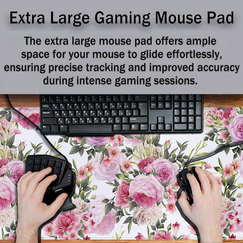 Pink Desk Mat Mouse Pad for Women - Extra Large 35.4" x 15.7" Non-Slip Rubber Base for Game Office, Roses Wreath