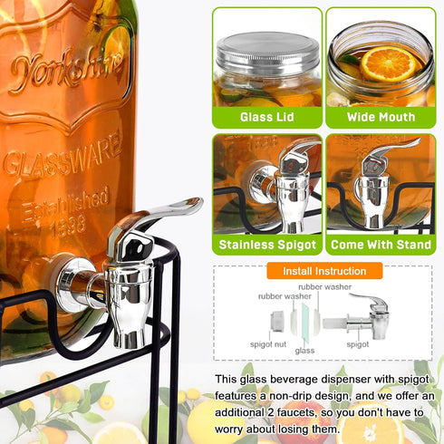 2 Pack 1 Gallon Drink Dispenser with Stainless Steel Spigot, Sun Tea Glass Mason Jar for Outside, Iced Lemonade
