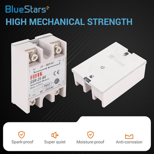 BlueStars SSR-25AA Solid State Relay, AC to AC Input 80-250VAC, Output 24-380VAC, 25A, Pack of 2