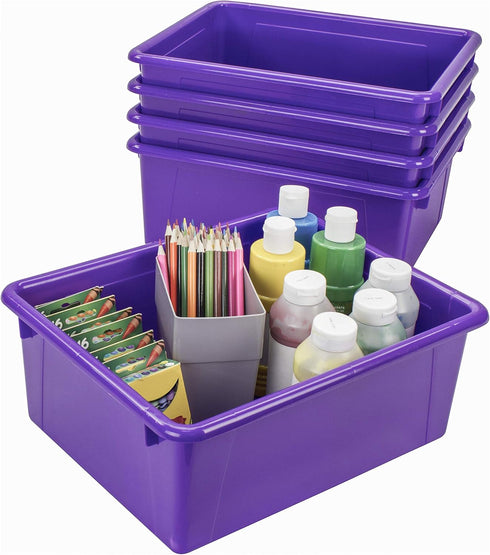 Storex Deep Storage Tray, Letter Size Organizer Bin with Non-Snap Lid, Violet, 5-Pack for Classroom, Office, Home