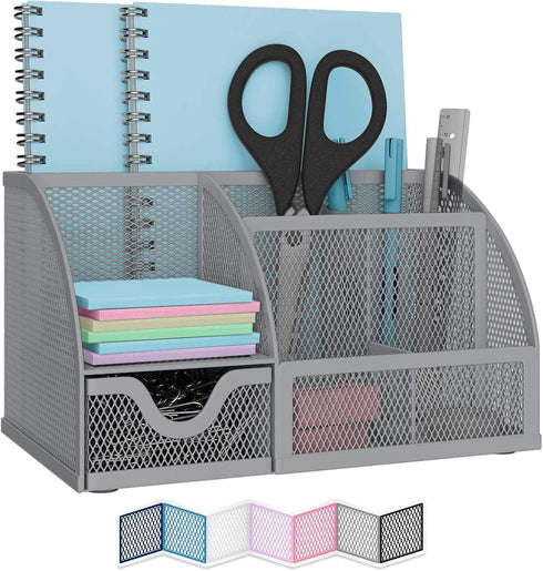 NEATERIZE Grey Desk Organizer, Vibrant Colors Mesh Holder for Pen, Pencil, Small Office Supplies, Dorm & School