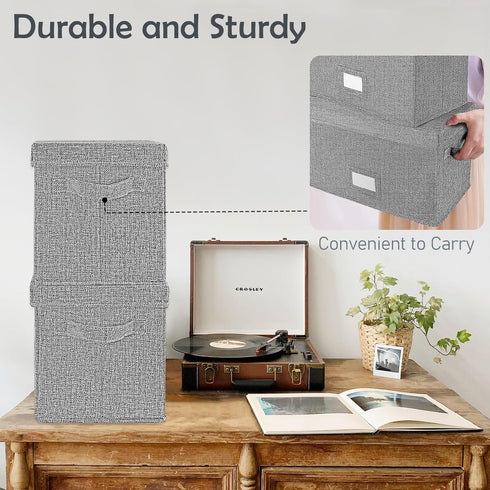 Vinyl Record Storage Box Set of 2, Grey Case with Lid Holds up to 160 Albums, CD Crate Organizer for 7"/45 RPM LPs