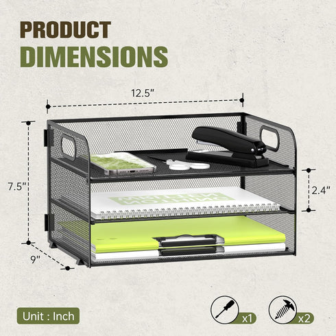 Daltack 3-Tier Paper Organizer with Handle, Mesh Desk Organizer Letter Tray, File Organizer for A4 File Folder, Black 2