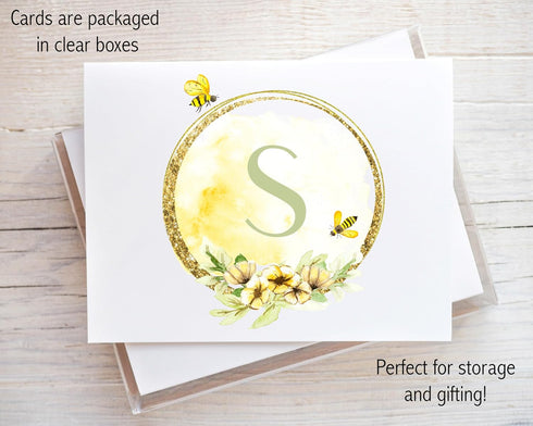 Designing Moments Set 10 Personalized Folded Monogram Cards, Bee and Honey Monogram Note Cards, Couples Stationery