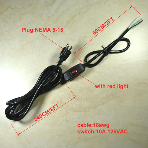 18AWG Replacement Power Cord Open End with On/Off Power Switch 3 Prong Extension Cable,10A125V 10Ft Black