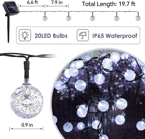 20 LED Crystal Globe Solar String Light, Extra-Bright Outdoor Lights with 8 Modes, Waterproof Solar Powered for Garden
