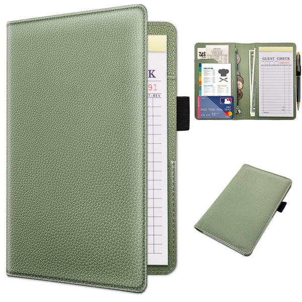 RSAquar Premium Leather Server Book with Zipper Pocket, Waitress Wallet Fit Server Apron, Agave Green