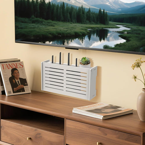 OVECIOPO Router Shelf Wall Mount WiFi Router Box Hider Modem Cover with Cable Management Power Strip Organizer Storage