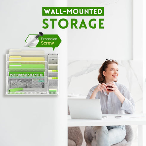 SUPEASY Wall File Organizer, 5-Tier Desk Organizer with 4 Pen Holders, R-shaped Bottom Tray for Office Supplies, White