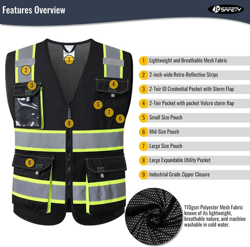 JKSafety Hi Vis Reflective Safety Vests for Men & Women, High Visibility Vest with Pockets, Black, XXL