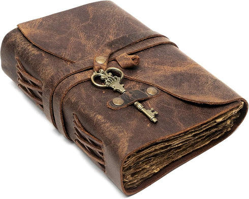 Vintage Leather Journal - Leather Bound Journal with Antique Handmade Deckle Edge Vintage Paper - Book of Shadows (Red