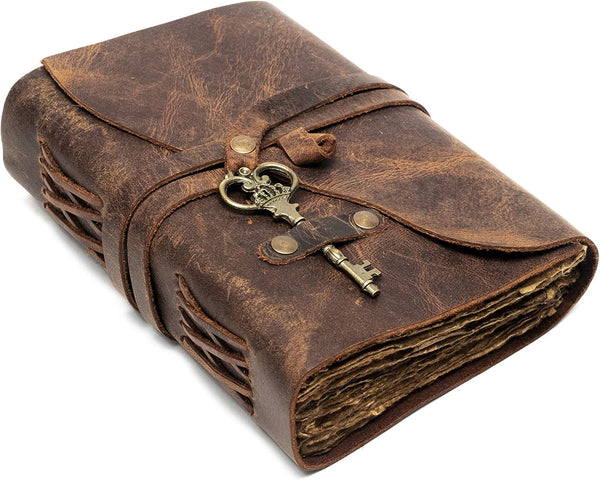 Vintage Leather Journal - Leather Bound Journal with Antique Handmade Deckle Edge Vintage Paper - Book of Shadows (Red