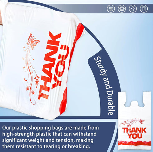 1000PCS 11"x6"x21" YoYoRain White Thank You T-Shirt Bags Reusable & Disposable Grocery and Supermarket Shopping Bags