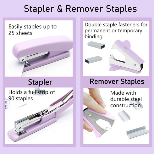 Purple Office Supplies Set, Desk Accessories with Stapler, Remover, Tape Holder, Clips, 1000 Staples, Scissors
