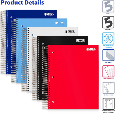 Better Office Products 5-Subject Spiral Notebook - 5 Pack, Assorted Color Poly Covers, 200 Sheets, 11 x 8.5 inches