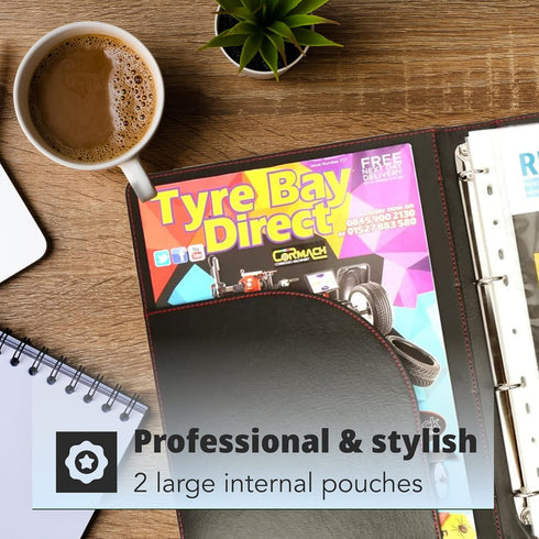 H&S A4 Portfolio Folder with Ring Binder Mechanism - Faux Leather Business Padfolio - Black Conference Organizer with 40 Plastic Pockets by H&S