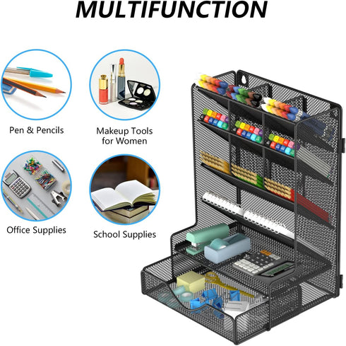Multi-Functional Desk Organizer, Wall Mount Pen Holder with Drawer for School, Office, Home, Art Supplies