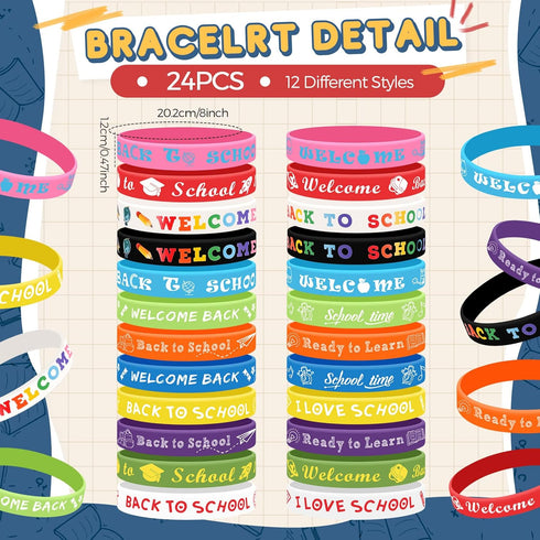 Sabary 48 Pcs Back to School Pencils, Silicone Bracelets Set, Classroom Reward Party Supplies for Kids