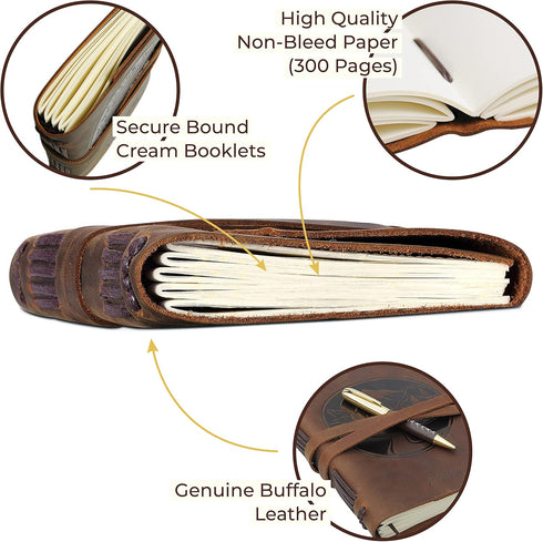 Leather Bound Journal for Men and Women, Handmade Gift Set with Mountain Embossed Journal and Stylish Pen (300 Pages,