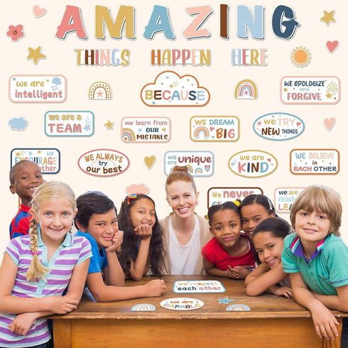 Boho Affirmation Station Bulletin Board, Pastel Amazing Things Happen Here Mental Health Posters for Classroom