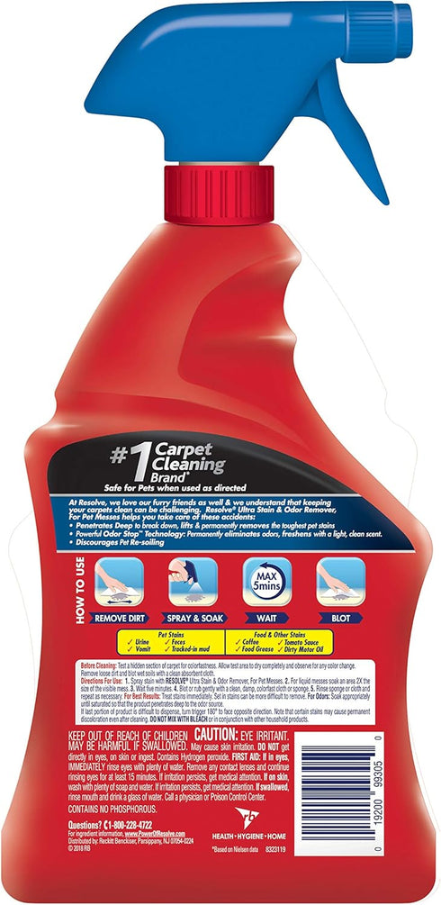 Resolve Ultra Pet Odor and Stain Remover Spray, Carpet Cleaner, 32oz (pack of 1)