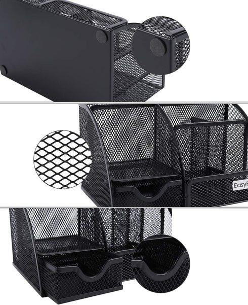 EasyPAG Desk Organizer Mesh Desktop Office Supplies, Multi-functional Caddy with 6 Compartments and 1 Drawer (Black)