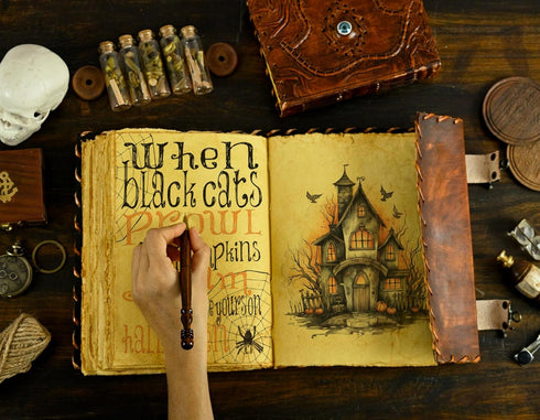 Hocus Pocus Book of Spells - Leather Journal Writing Book, 13x10 Inch, Best Halloween Gifts for Men and Women