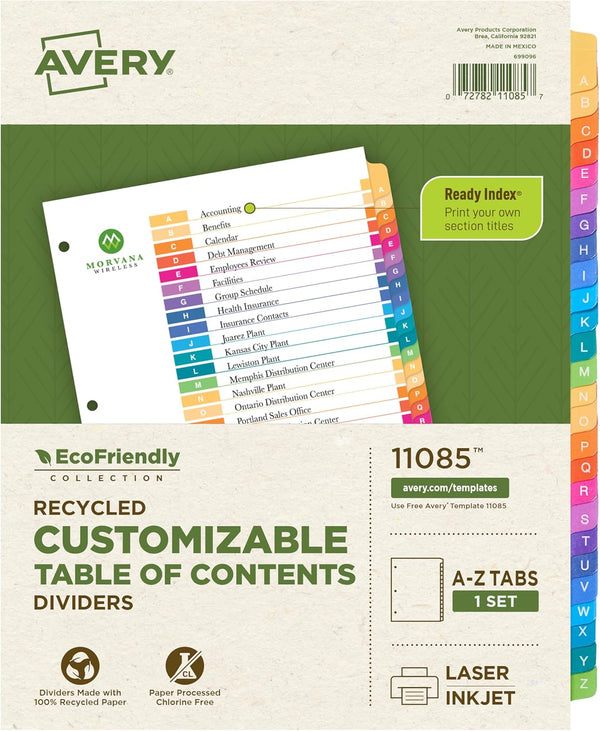Avery EcoFriendly Recycled Dividers for 3 Ring Binders, A-Z Multicolor, 26 Tabs, 1 Set (11085)