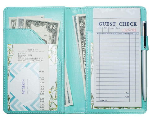 Mymazn Server Books for Waitress, Organizer Wallet for Restaurant Waitstaff, Guest Check Book Holder, Turquoise Green