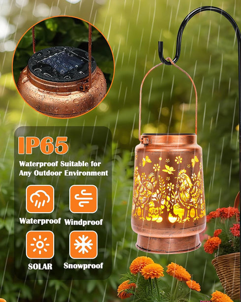 Chicken Solar Lantern Outdoor - Rooster Decor Waterproof Hanging Lights Decorative Metal Lighting Lamp for Garden Patio