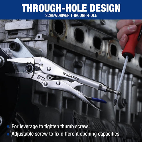 5-Piece Set, 5"/7"/10" 6.5"/9.5" WORKPRO Locking Pliers Curved Jaw & Long Nose, CR-MO Steel Construction