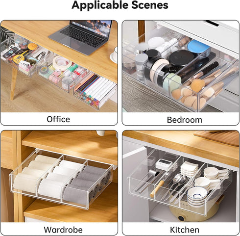 OTraki 3 Packs Under Desk Drawer Organizer, Clear Plastic Storage with Slide Out Drawer, Self-Adhesive