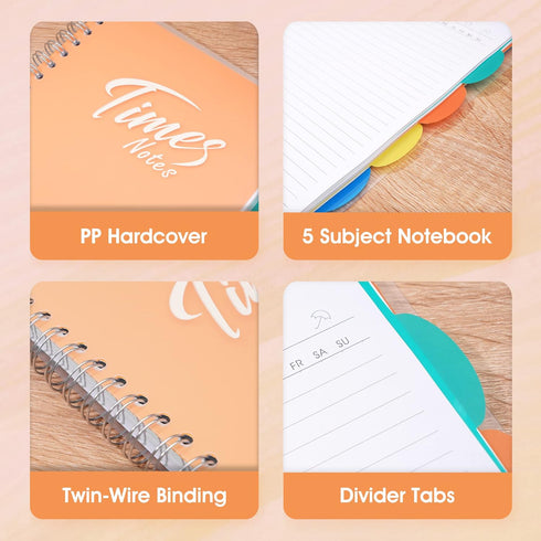 Yoment 5 Subject Notebook with Tabs, 8"x 10", Large Notebook with Dividers, 240 Pages, Plastic Hardcover, Orange