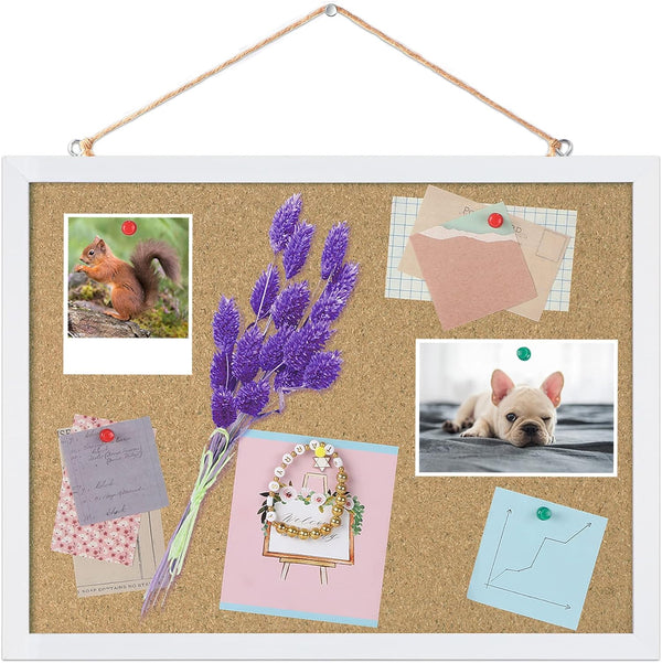 FEBSNOW Cork Board Bulletin Board, 15.7 x 12 Inches with White Frame, Hanging Pin for Office