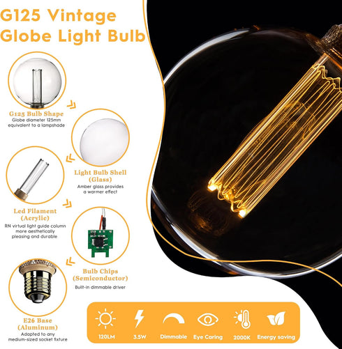 Bulb, Dimmable Bulb, 3.5W E26 G125 Large Globe Light Vintage Edison LED Low Lumen Eye-Caring Soft Dim Lighting