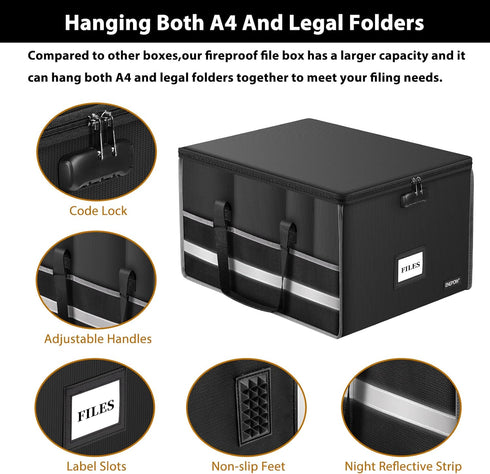 ENGPOW File Box with Lock, Fireproof Document Storage Organizer Box with Inserts for Hanging Letter and Legal Folders