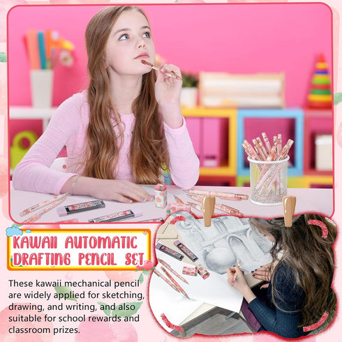 Sabary Kawaii Mechanical Pencil Set with Peach Mechanical Pencils, 0.5 mm Pencil Refills, and Cute Peach Erasers for